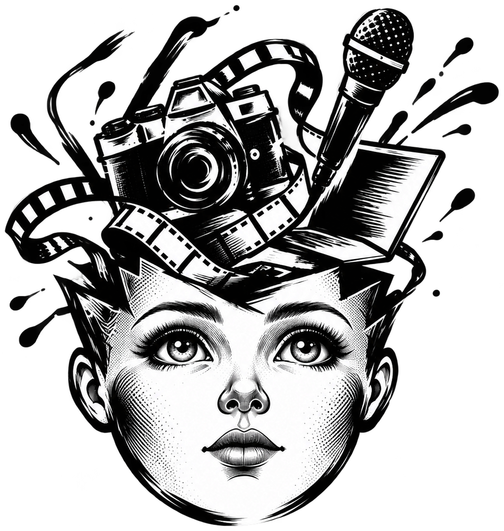 Creative Minds HTX logo: a wide-eyed face with a camera, film, mic and screen spilling out of an open mind